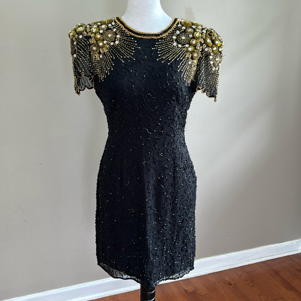Lillie Rubin Vintage Black Gold Beaded Sequin‎ Open Scoop Back Silk Dress Size S